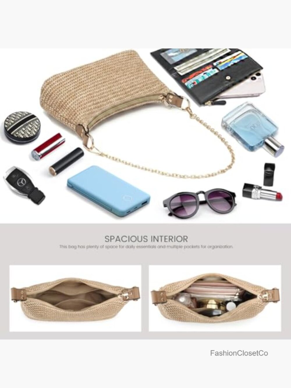 Straw Woven Small Tote Shoulder Handbag with Chain Strap - Picture 5 of 7
